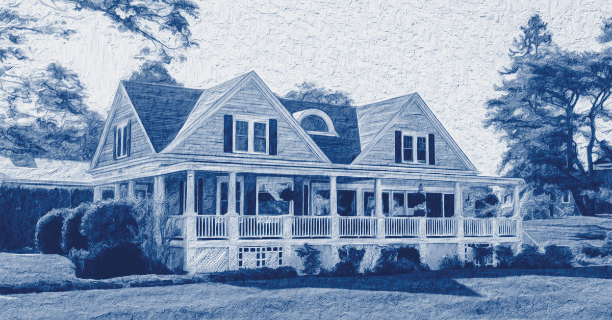 Painted scene of a nice house in a sunny yard