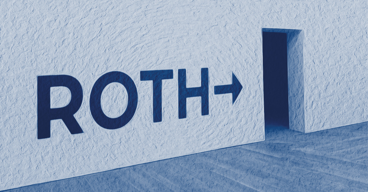 A doorway in a plain wall with the word ROTH pointing to it.