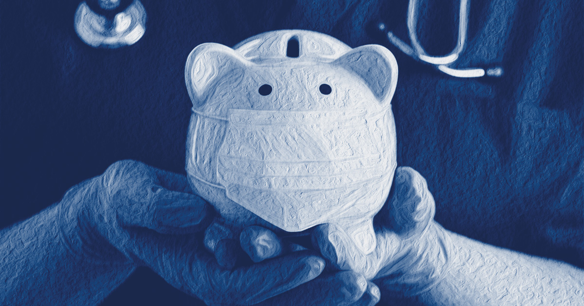 A doctor wearing surgical gloves holding a piggy bank with a face mask on it.