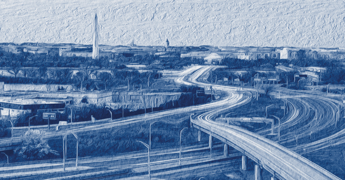 Stylized painting of highways of Washington, DC with the Washington Monument breaking the horizon.