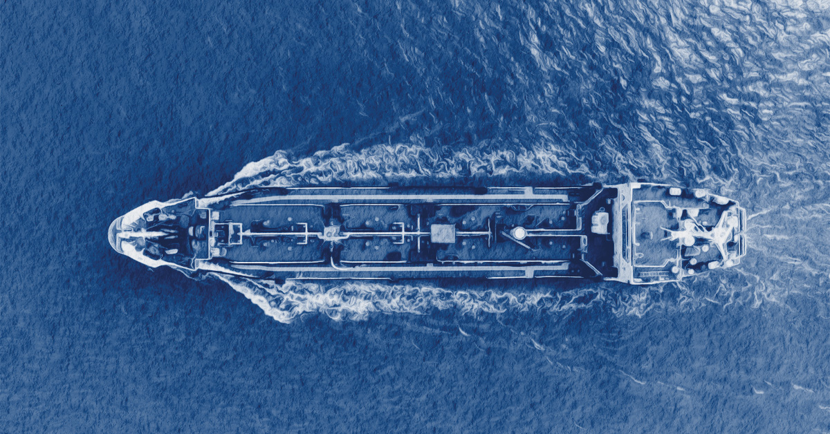 Aerial view of an oil tanker, referring to high oil prices due to conflict with Iran